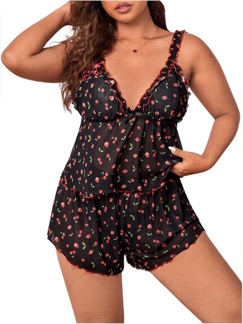 Black Cherry Print Ruffled Cami & Short Sleep Set - plus Freebie bottoms
